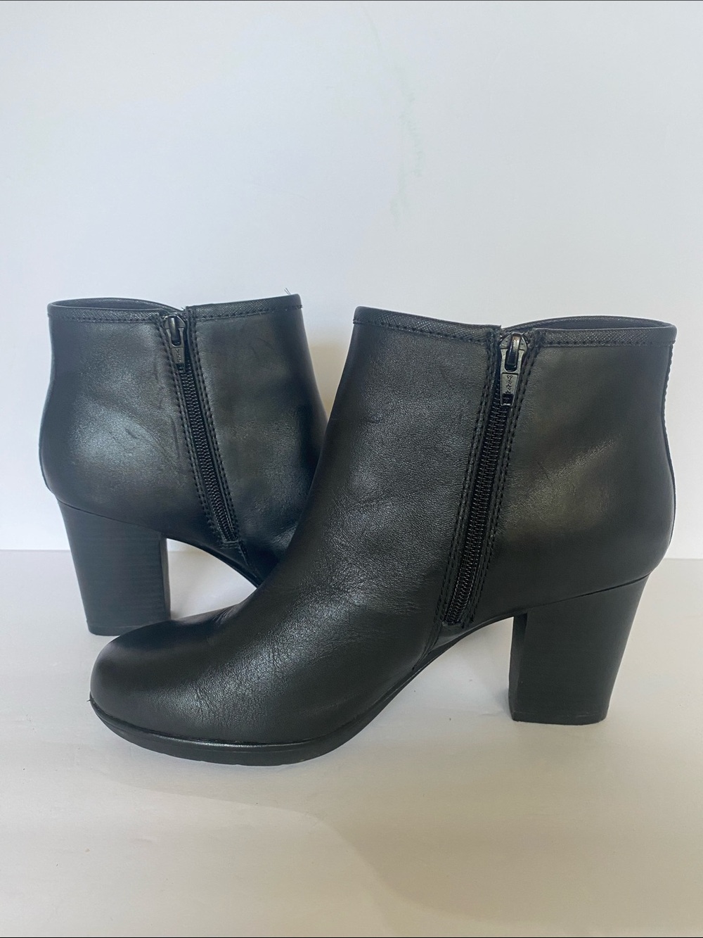 Clarks Black Leather Ankle Booties with Block Heel